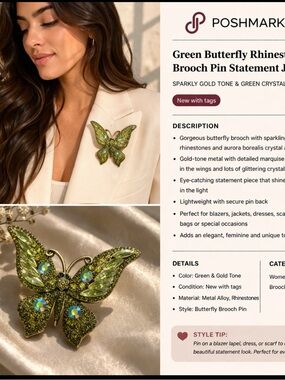 Green Crystal Butterfly Brooch Pin